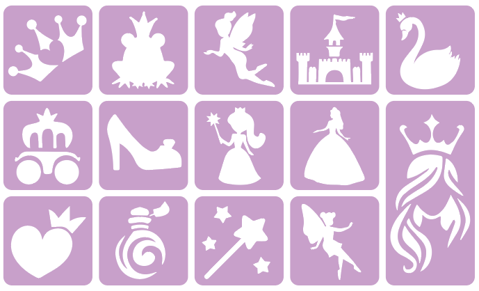 Szablony do tatuaży brokatowych ZESTAW 14 szt. mix Księżniczki Wróżki