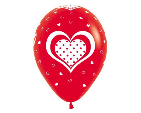 Balony Sempertex Serca w kropki 12'' 12 szt Mix biało-czerwony