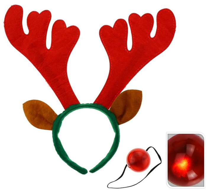 Opaska rogi renifera ze świecącym nosem ZESTAW