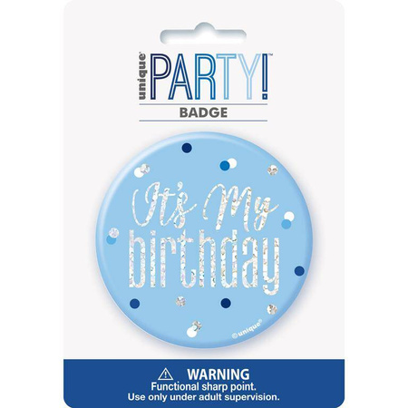 Przypinka urodzinowa badge niebieski "It"s my birthday"