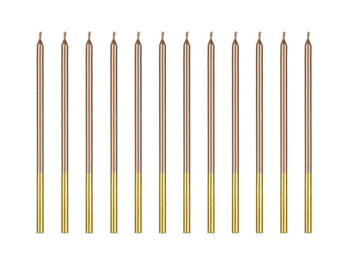 Świeczki urodzinowe długie różowe złoto 14 cm 12 szt.