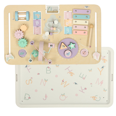 Tablica manipulacyjna LULILO LUDO stolik drewniany sensoryczny 2w1 różowy