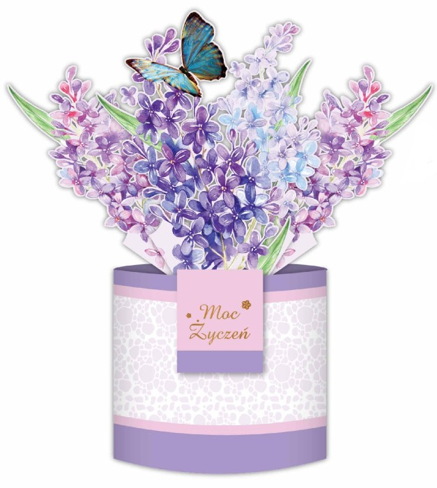 Kartka okolicznościowa 3D przestrzenna Bukiet Fioletowy Bez Lilak Moc Życzeń