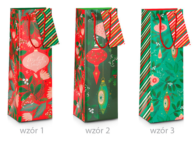 Torebka prezentowa Świąteczna Bombki (na wino alkohol) 11 x 36 cm mix