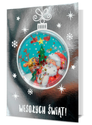 Kartka okolicznościowa Wesołych Świąt! czerwona Mikołaj bombka