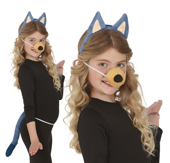 Zestaw piesek niebieski Bluey opaska, ogon i nosek