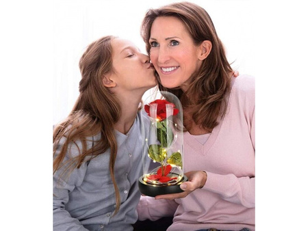 Wieczna róża z płatkami w szkle czerwona z LED