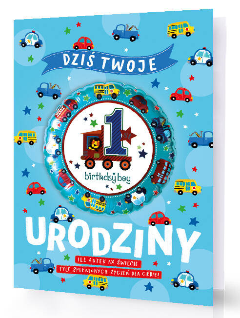 Kartka okolicznościowa Roczek XXL "Dziś Twoje 1 Urodziny -ile autek na świecie tyle spełnionych marzeń dla Ciebie" chłopczyk