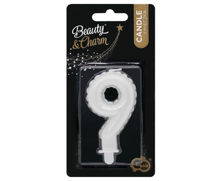 Świeczka urodzinowa cyfra 9 jak balon foliowy perłowa biała, 7 cm