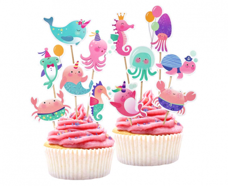 Pikery toppery na tort WODNY ŚWIAT dekoracje 12 szt.