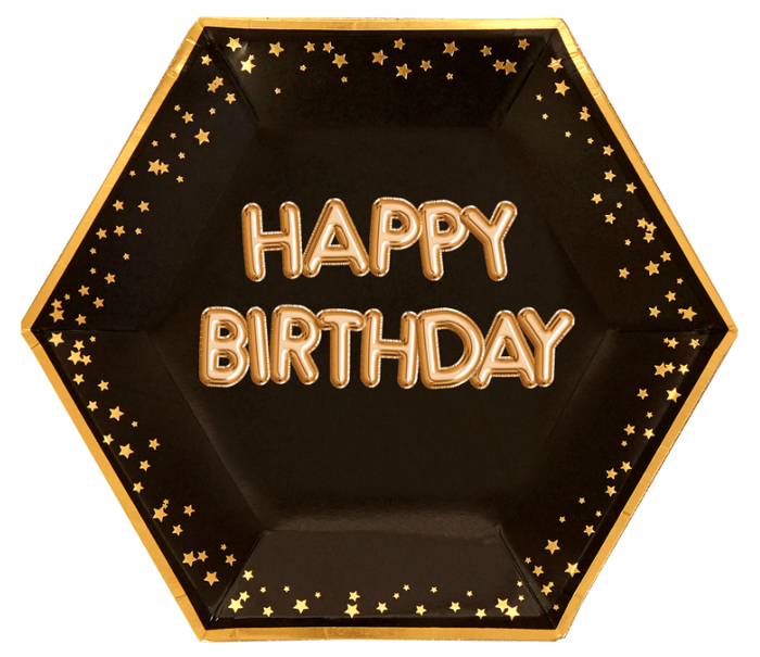 Talerzyki papierowe czarne w złote gwiazdki - HAPPY BIRTHDAY