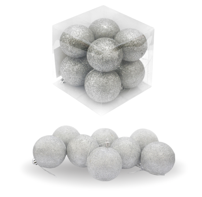 Bombki choinkowe brokatowe srebrne w pudełku (8 szt.)