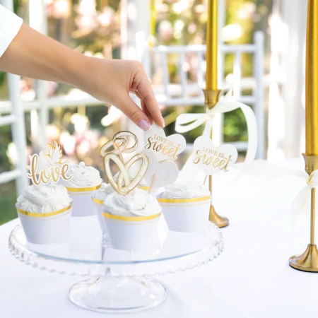 Pikkery Toppery Ślub Wesele biało- złote 12 szt.