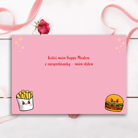 Kartka z życzeniami na Walentynki "Idealne połączenie" Burger i frytki