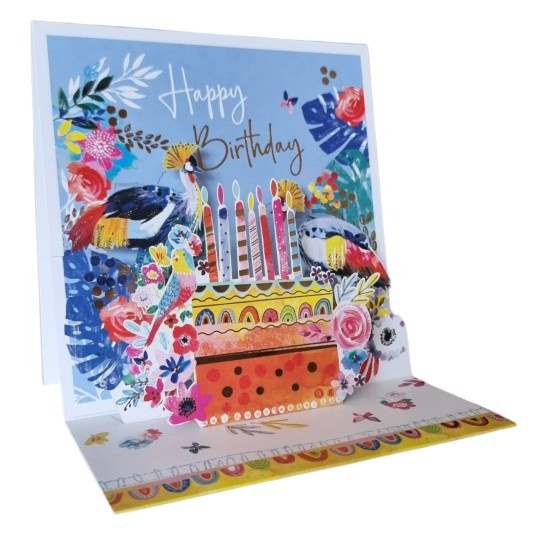 Kartka okolicznościowa 3D przestrzenna Tort z ptakami Happy Bithday