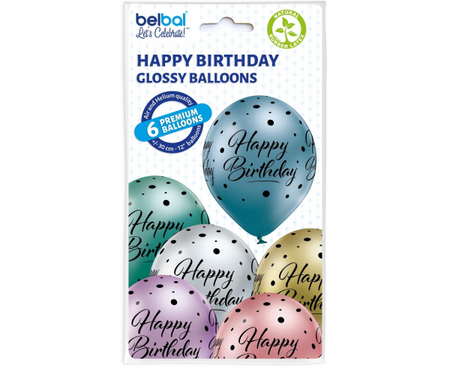 Balony lateksowe Happy Birthday kropki chrome 6 szt. mix