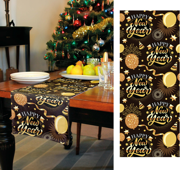 Bieżnik na stół czarny Happy New Year 300 x 28 cm
