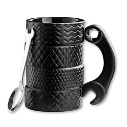 Kubek ceramiczny OPONY czarny klucz z łyżeczką mechanika