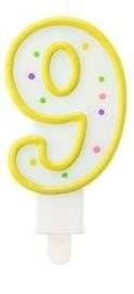 Świeczka urodzinowa "9" kropeczki żółta