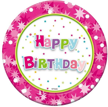 Talerzyki papierowe Happy Bithday różowe okrągłe 18cm 6 szt