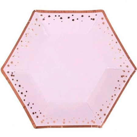 Talerzyki papierowe Różowe w złote gwiazdki sześciokąt rozm.S 8 szt