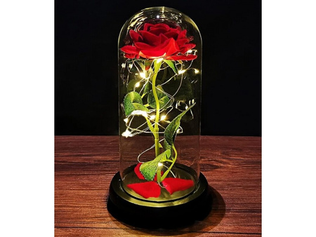 Wieczna róża z płatkami w szkle czerwona z LED