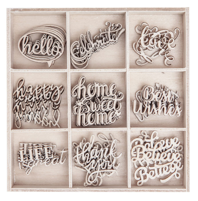 Kształty z drewna słowa napisy 45 szt.