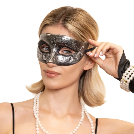 Maska karnawałowa srebrna z efektem postarzenia 1 szt.