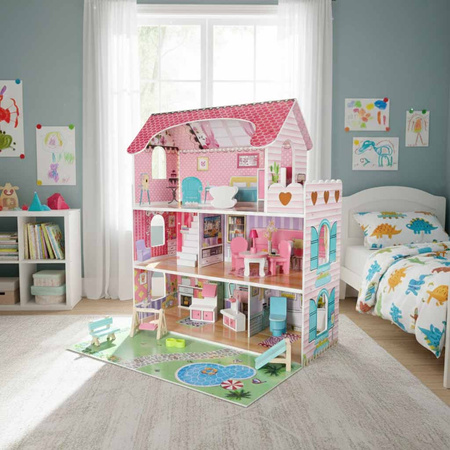 Domek dla lalek drewniany Lulilo Gardeno z ogródkiem mebelki 70cm różowy LED