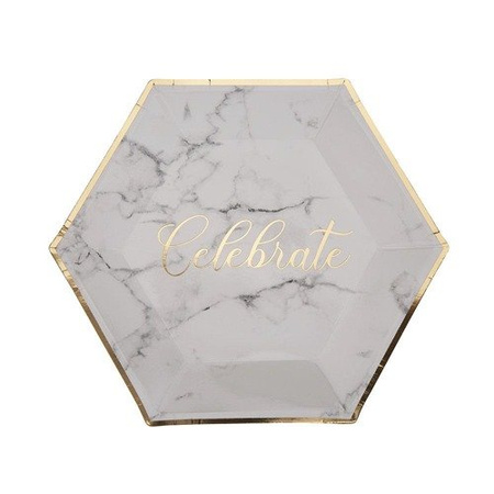 Talerzyki papierowe marmur napis Celebrate sześciokąt rozm.L 8 szt