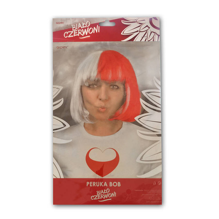 Peruka bob KIBIC z grzywką biało czerwona