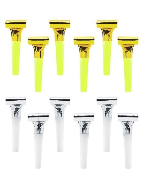 Gwizdki trąbki rozwijane złote i srebrne 6 sztuk.