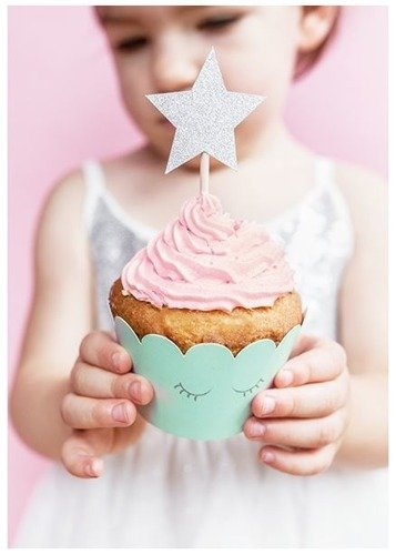 Pikery toppery Gwiazdki srebrne dekoracje na tort muffinki 6 szt