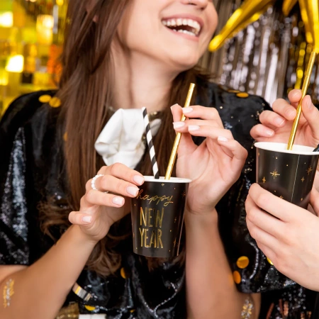 Kubeczki papierowe Happy New Year czarno-złote na Sylwestra 220ml 6szt.