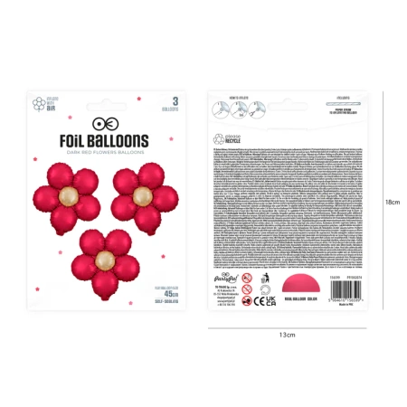 Balon foliowy Kwiat czerwony matowy do girland 45 cm 3 szt.