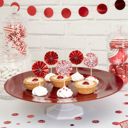 Pikery toppery okrągłe czerwone i białe w czerwone kropeczki dekoracje na tort 8szt