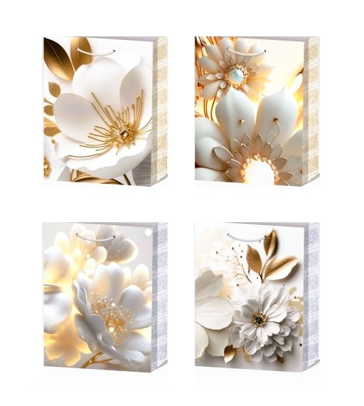 Torebka prezentowa elegancka Kwiaty biało złote 32x26x10 cm mix wzorów