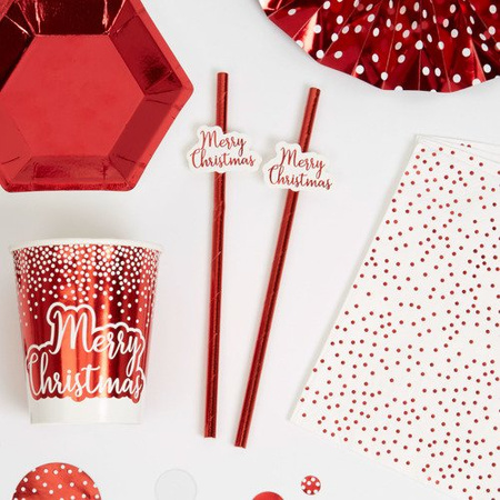 Słomki do picia papierowe czerwone metaliczne 10szt Merry Christmas