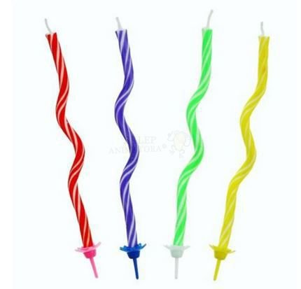 Świeczki urodzinowe spirale z podstawkami 12 szt