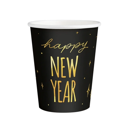 Kubeczki papierowe Happy New Year czarno-złote na Sylwestra 220ml 6szt.