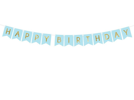 Baner girlanda "Happy Birthday" złoty napis -niebieski