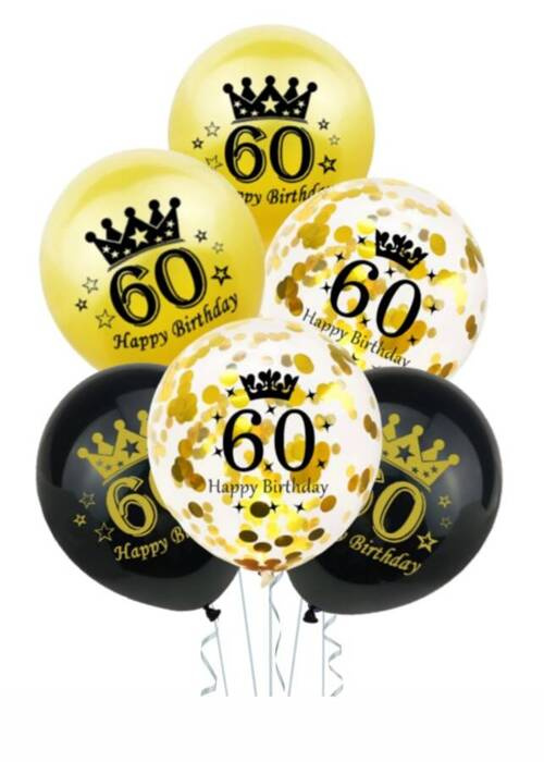 Balony gumowe 60 lat Happy Birthday zestaw 6 szt. mix 12 cali