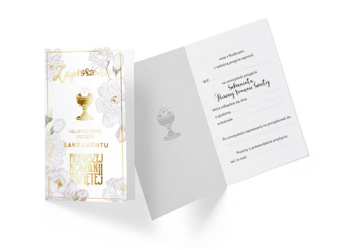 Zaproszenia I Komunia Święta kwiaty 10 x 17 cm 5 szt.