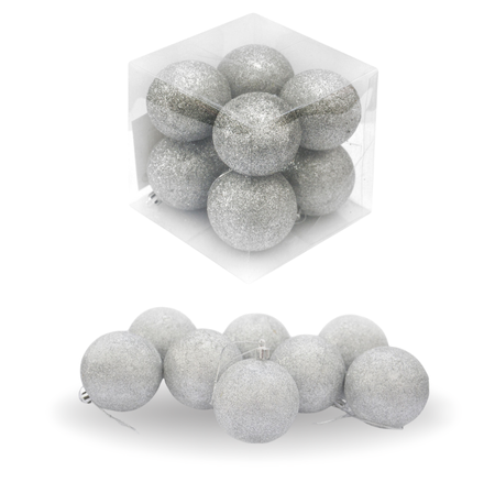 Bombki choinkowe brokatowe srebrne w pudełku (8 szt.)