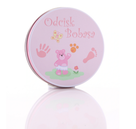 Odcisk bobasa Prezent na Baby Shower zestaw w puszce