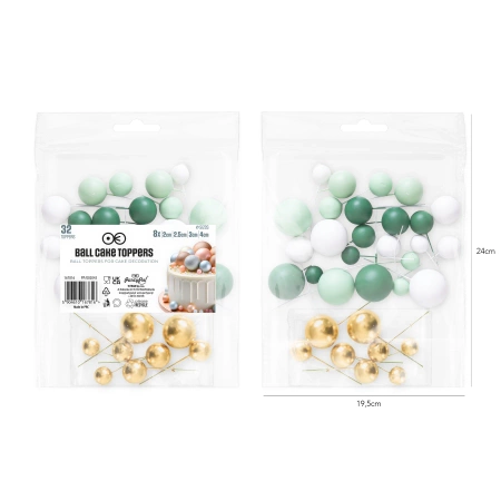 Pikkery Toppery na tort kulki białe zielone złote 32 szt.