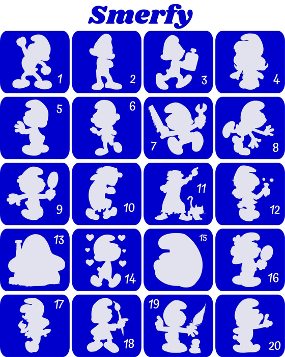 Szablony do tatuaży brokatowych tematyczne 20 szt. Smerfy