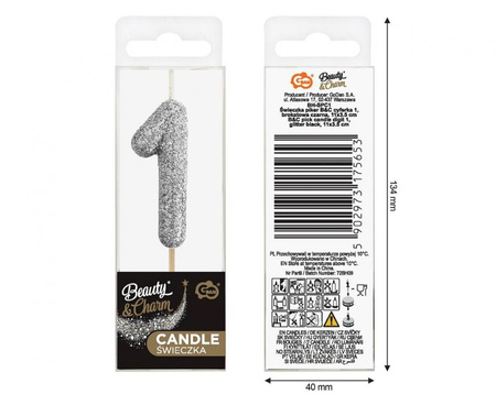 Świeczka urodzinowa cyfra 1 czarna ze srebrnym brokatem