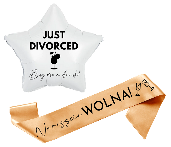 Zestaw na ROZWÓD - szarfa satynowa + personalizacja na balon