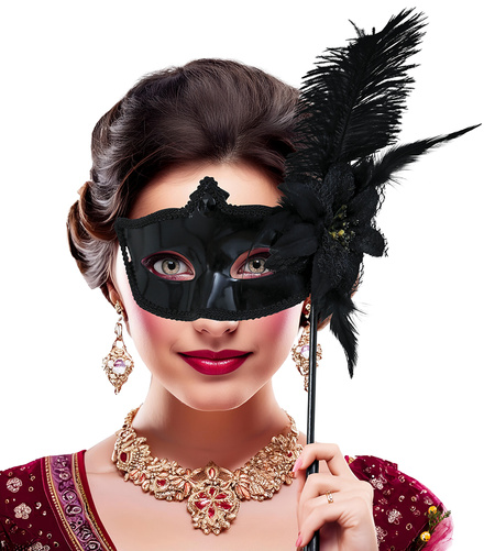 Maska czarna wenecka z piórami i uchwytem
